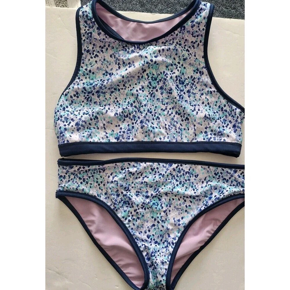 Eddie Bauer Girls 2 Piece Reversible Swimsuit Med  10-12 Purple Blue Polka Dots